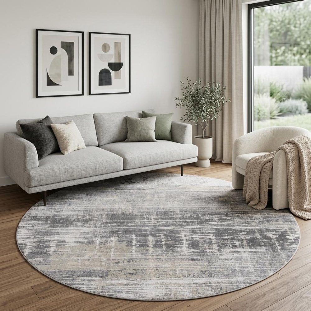 8' Gray and White Round Abstract Non Skid Area Rug