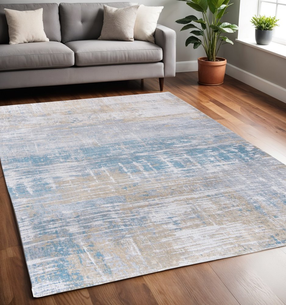 5' X 7' Blue and Yellow Abstract Non Skid Area Rug