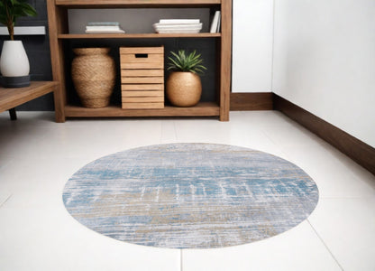 5' Blue and Yellow Round Abstract Non Skid Area Rug