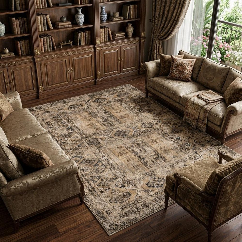 7' X 9' Brown Oriental Non Skid Area Rug
