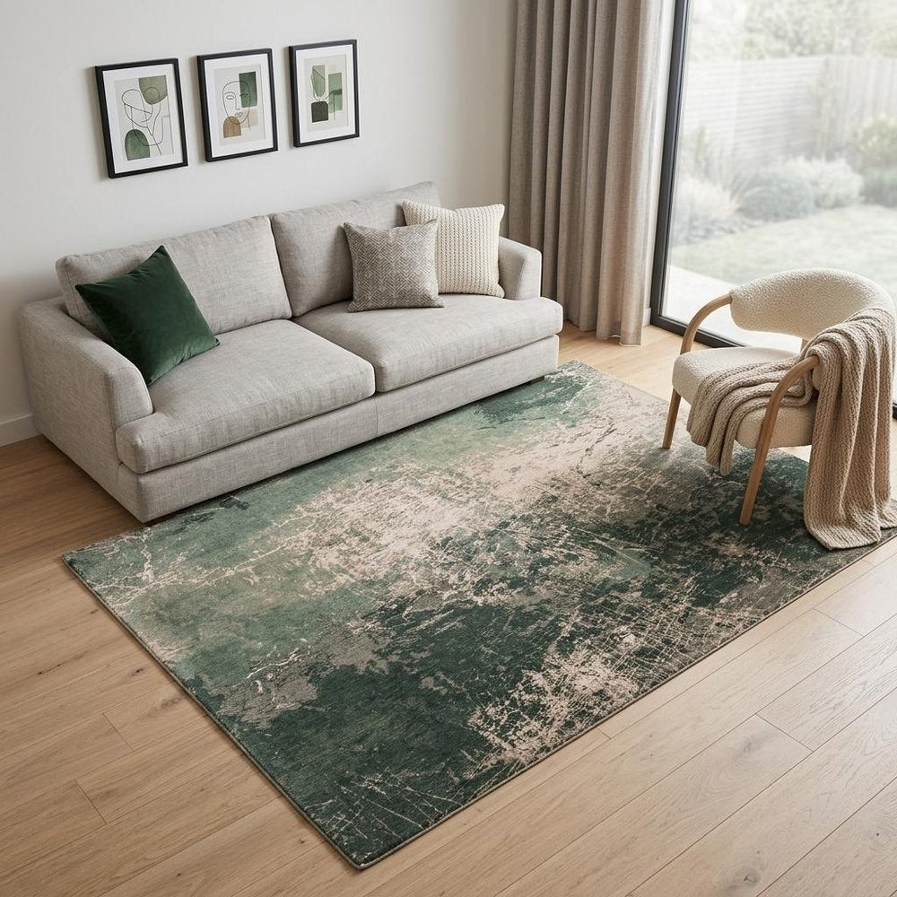 5' X 7' Beige and Green Abstract Non Skid Area Rug