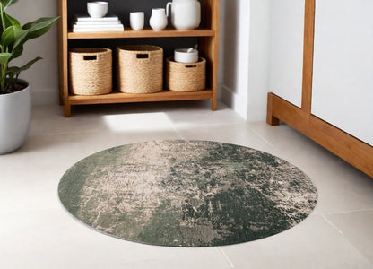 5' Beige and Green Round Abstract Non Skid Area Rug