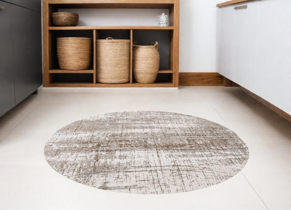 5' Gray and Beige Round Abstract Non Skid Area Rug