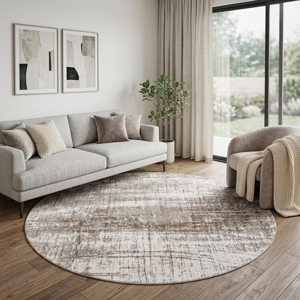 8' Gray and Beige Round Abstract Non Skid Area Rug