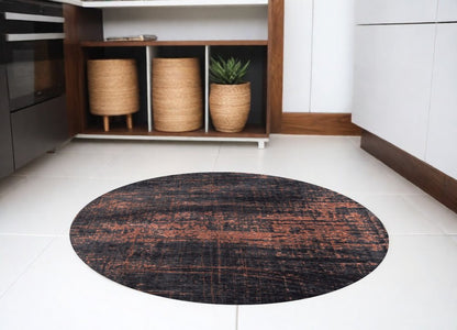 5' Black and Gold Round Abstract Non Skid Area Rug