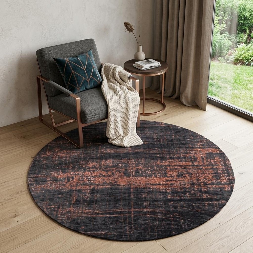 5' Black and Gold Round Abstract Non Skid Area Rug