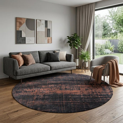 8' Black and Gold Round Abstract Non Skid Area Rug