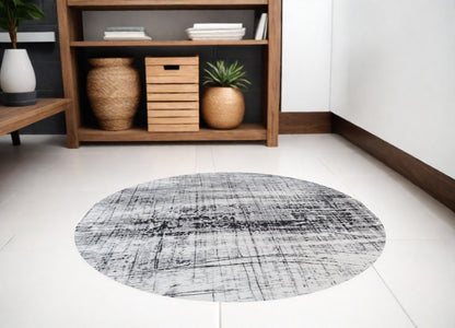 5' Black and White Round Abstract Non Skid Area Rug