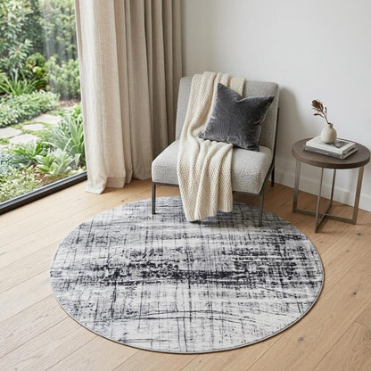 5' Black and White Round Abstract Non Skid Area Rug
