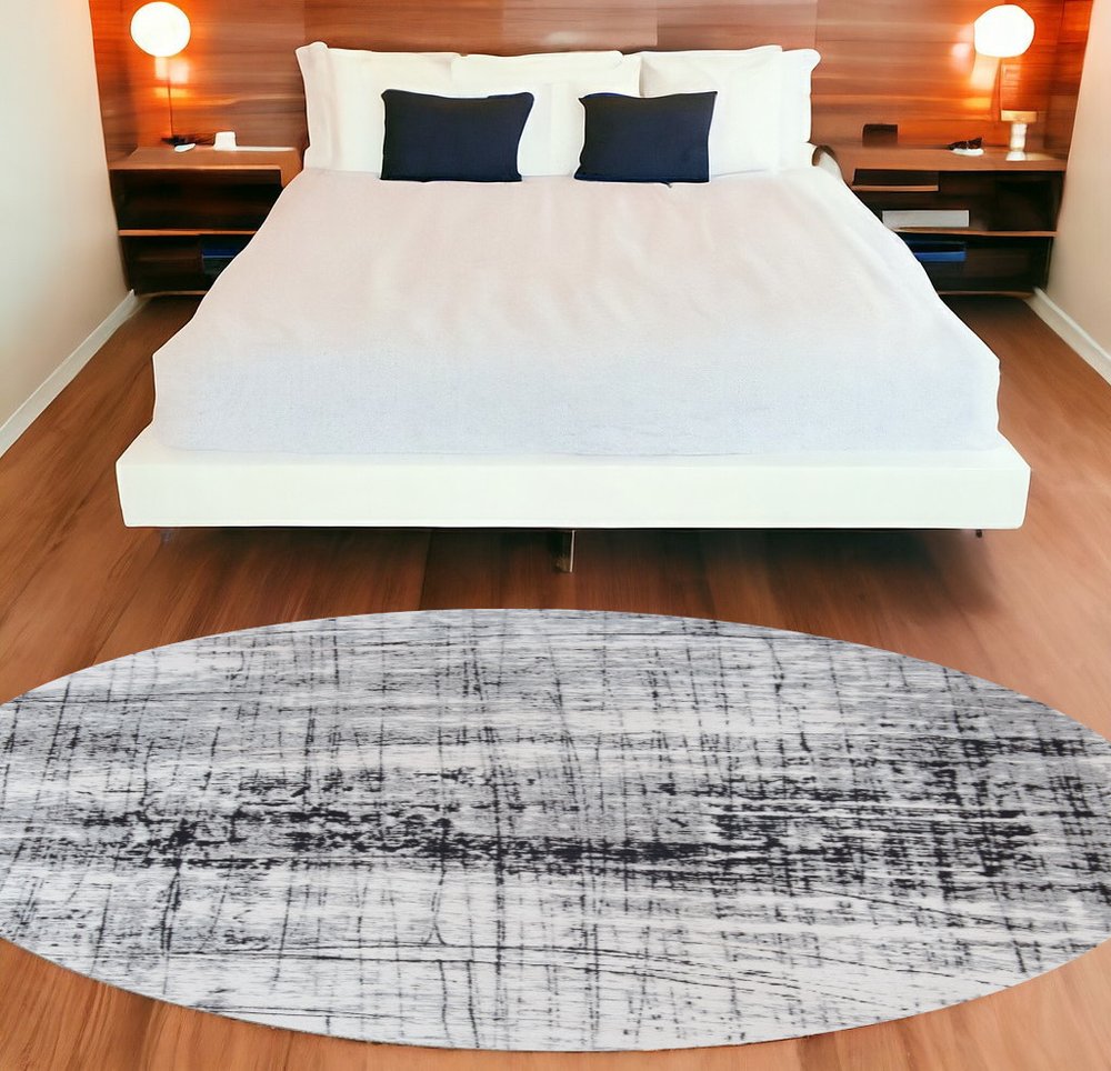 8' Black and White Round Abstract Non Skid Area Rug