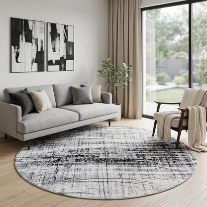 8' Black and White Round Abstract Non Skid Area Rug