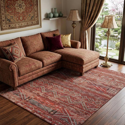 7' X 9' Red and Gray Oriental Non Skid Area Rug