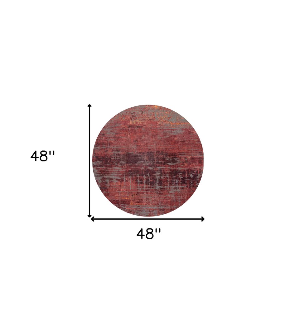 5' Red and Gray Round Abstract Non Skid Area Rug