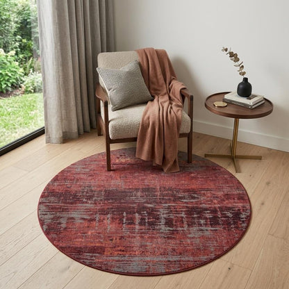 5' Red and Gray Round Abstract Non Skid Area Rug