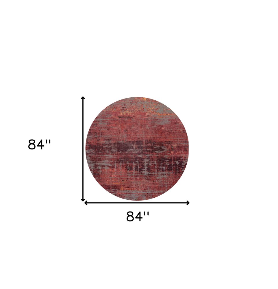 8' Red and Gray Round Abstract Non Skid Area Rug