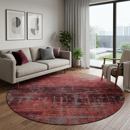 8' Red and Gray Round Abstract Non Skid Area Rug