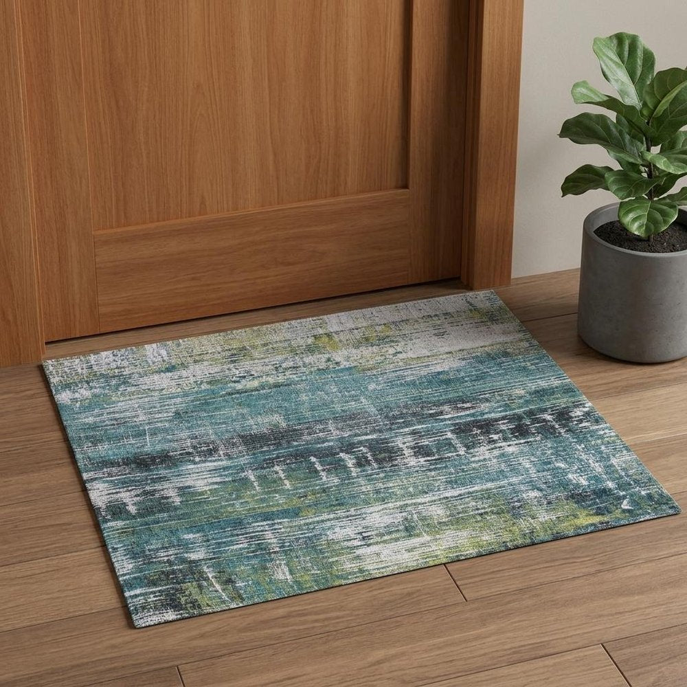 3' X 5' Blue and Green Abstract Non Skid Area Rug