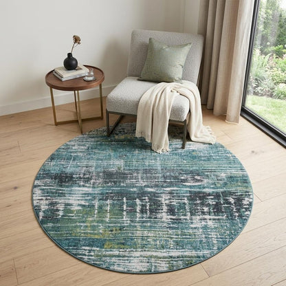 5' Blue and Green Round Abstract Non Skid Area Rug