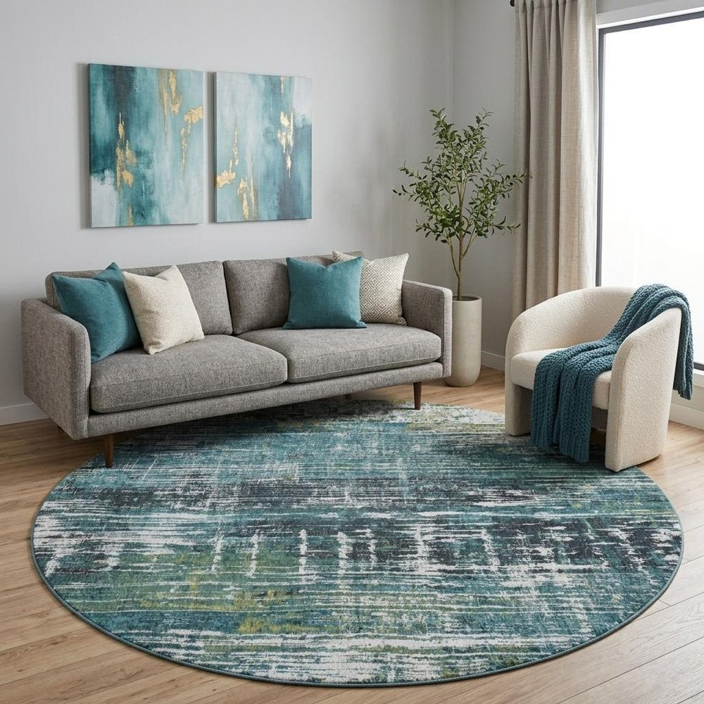 8' Blue and Green Round Abstract Non Skid Area Rug