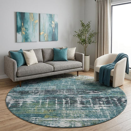8' Blue and Green Round Abstract Non Skid Area Rug