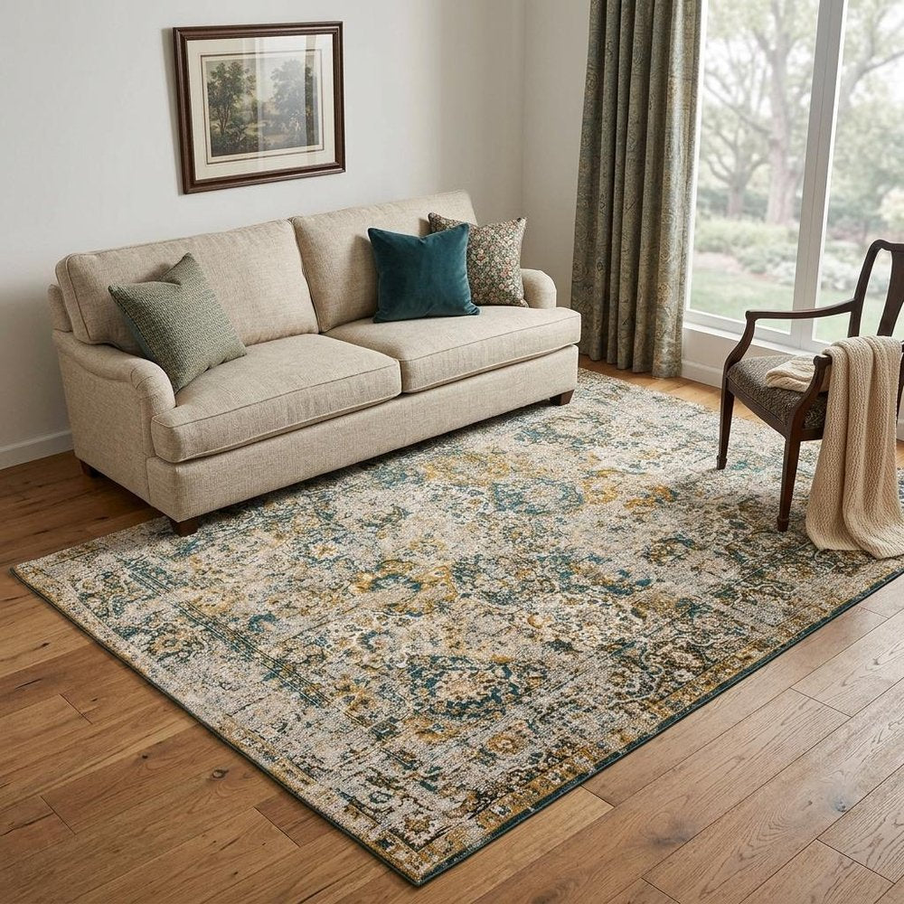 5' X 7' Blue and Green Abstract Non Skid Area Rug