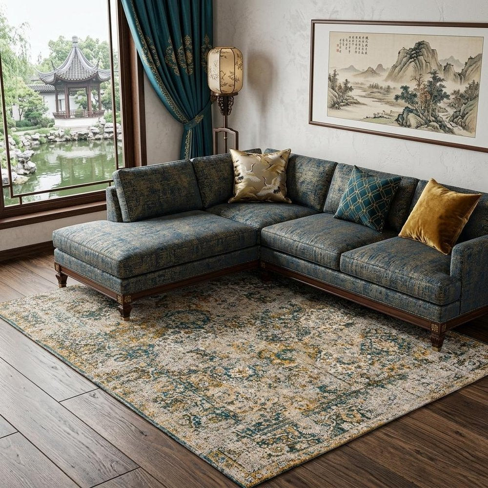 9' X 13' Blue and Green Abstract Non Skid Area Rug