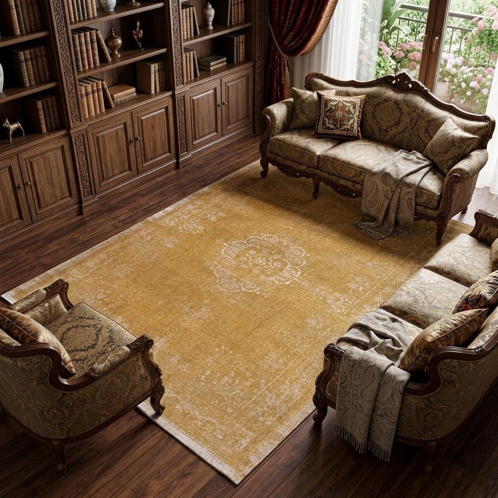 7' X 9' Orange and White Medallion Non Skid Area Rug