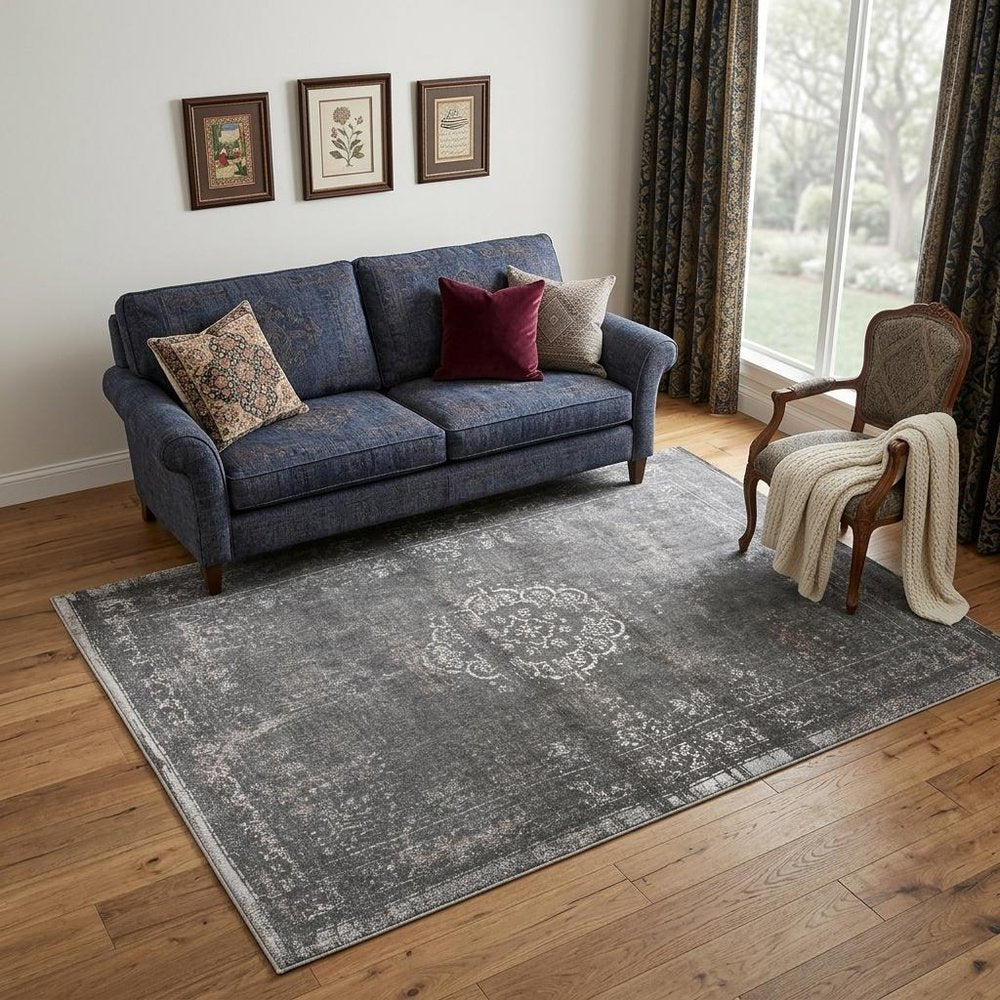5' X 7' Gray Medallion Non Skid Area Rug