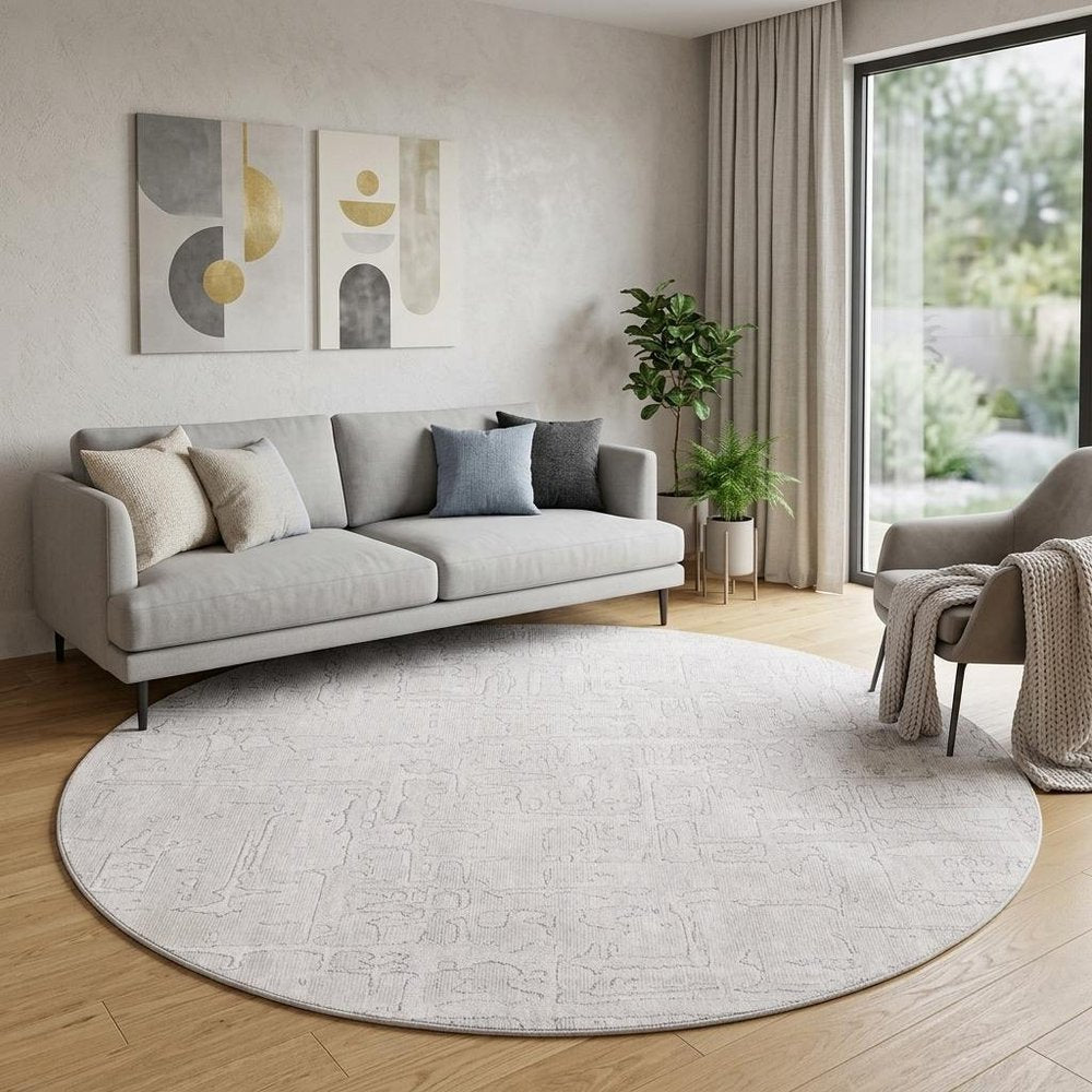 8' White Round Abstract Non Skid Area Rug