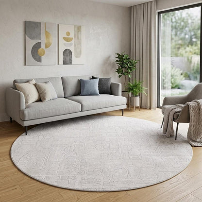 8' White Round Abstract Non Skid Area Rug