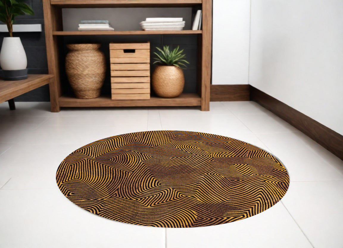 5' Black and Gold Round Abstract Non Skid Area Rug