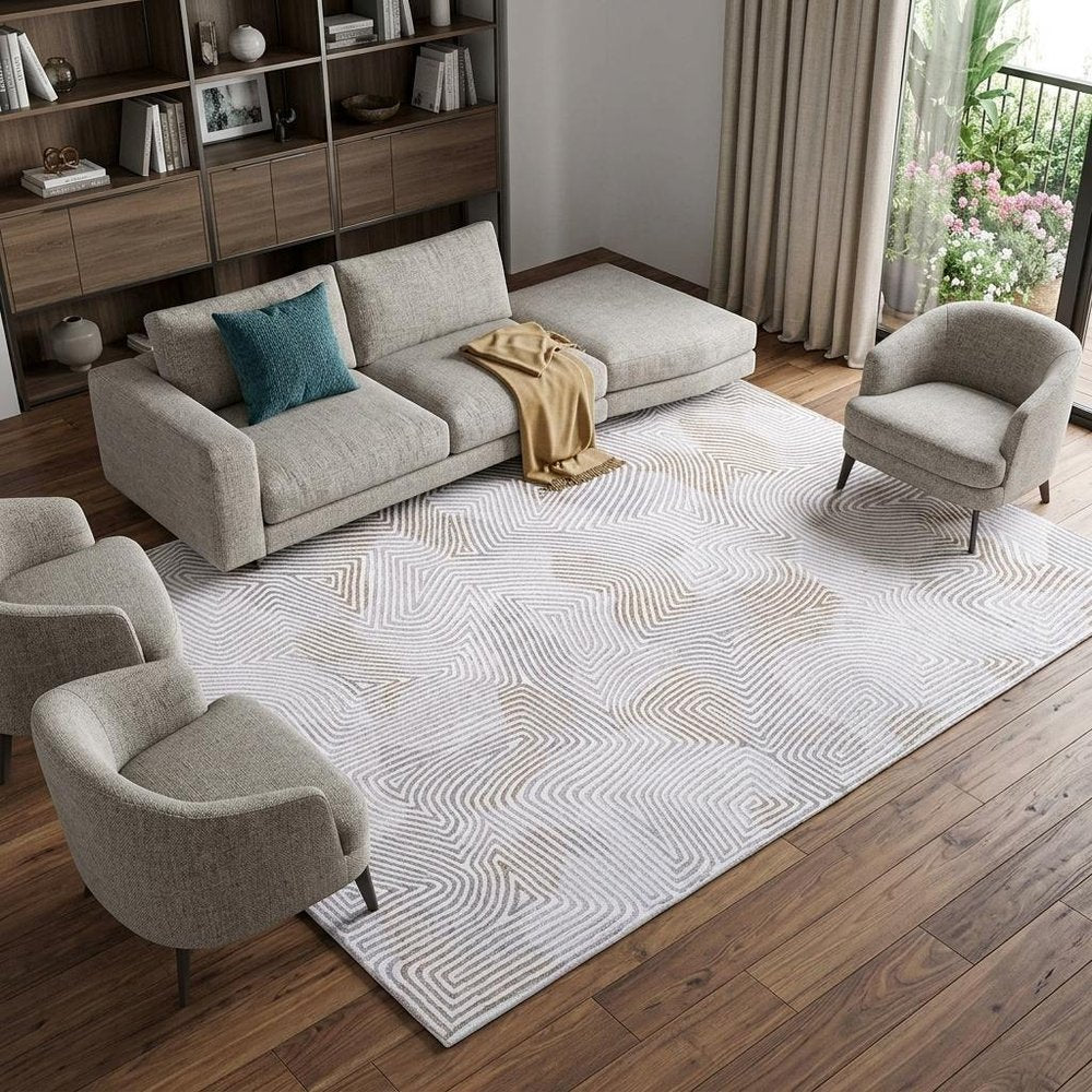 7' X 9' White Abstract Non Skid Area Rug