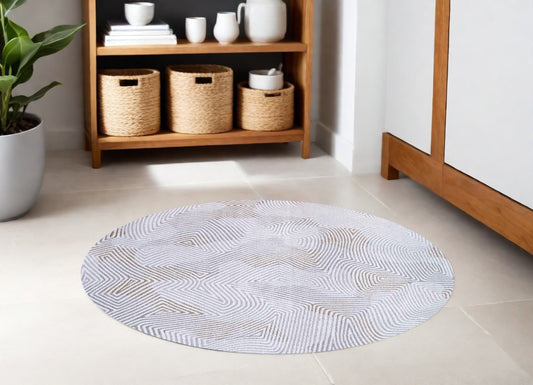 8' White Round Abstract Non Skid Area Rug