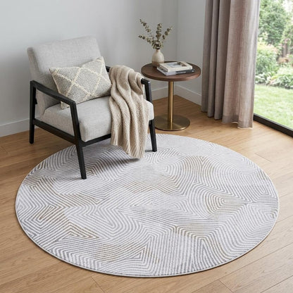 5' White Round Abstract Non Skid Area Rug
