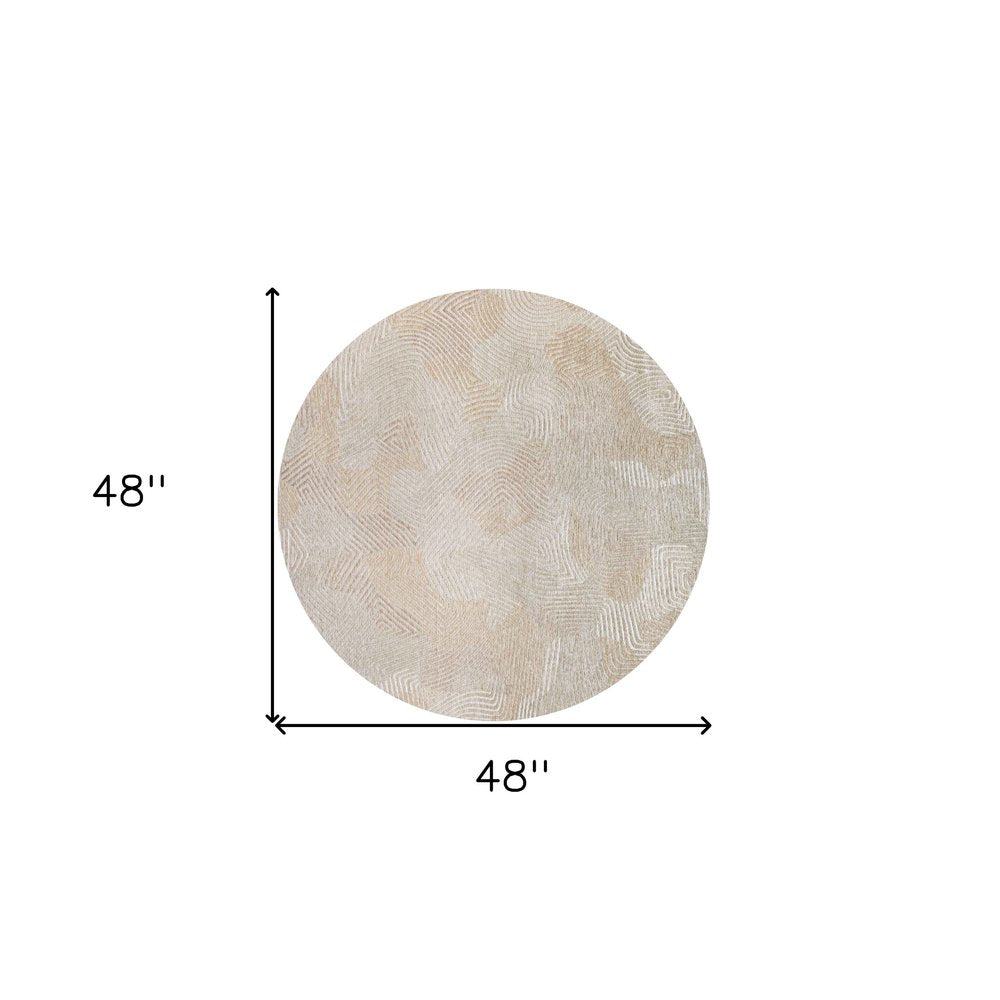 5' Beige and White Round Abstract Non Skid Area Rug