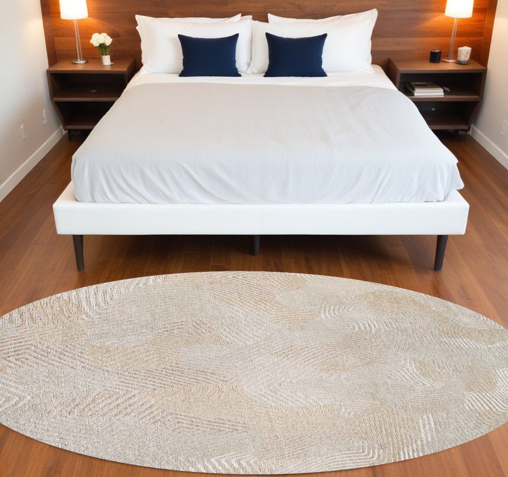 5' Beige and White Round Abstract Non Skid Area Rug