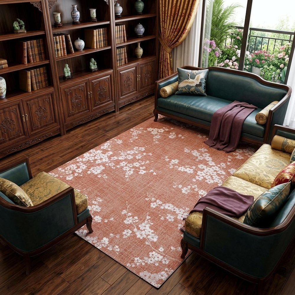 8' X 11' Red and White Oriental Non Skid Area Rug