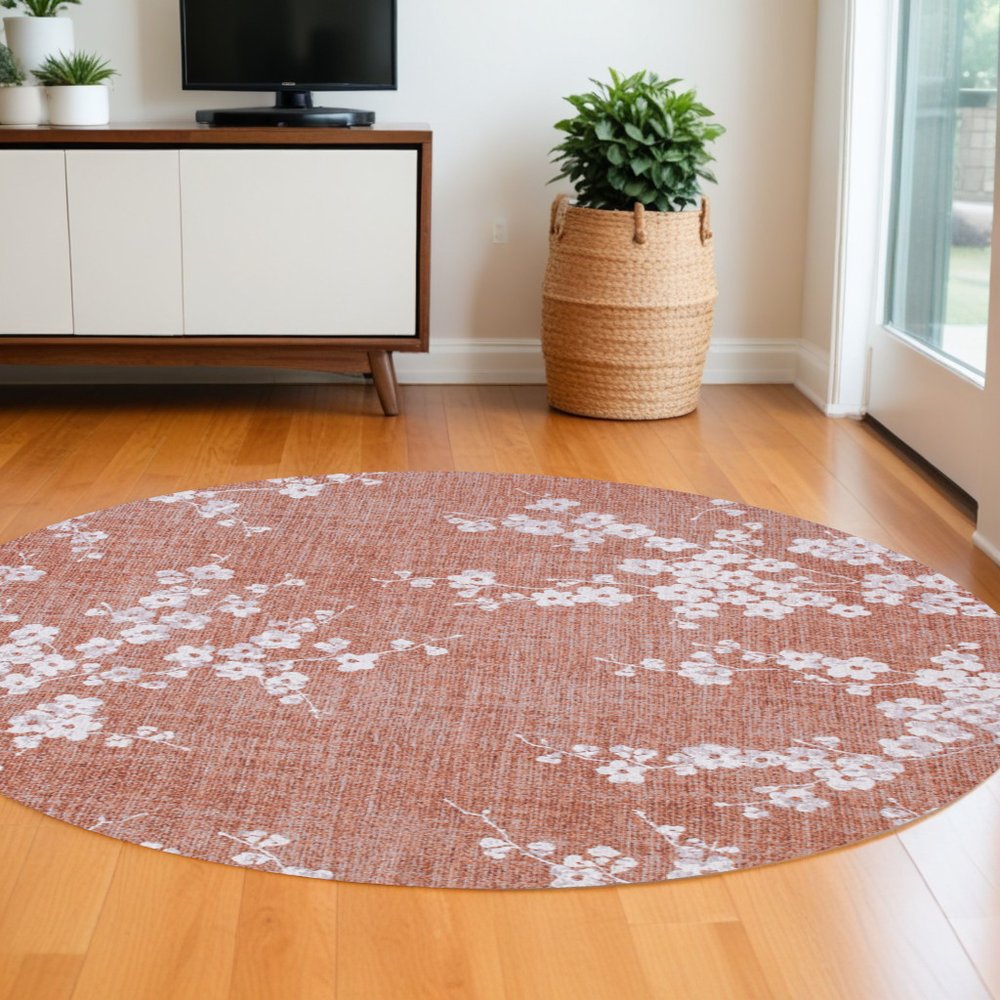 8' Red and White Round Oriental Non Skid Area Rug