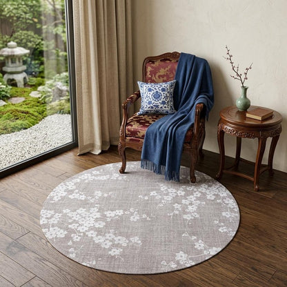 5' Gray and White Round Oriental Non Skid Area Rug
