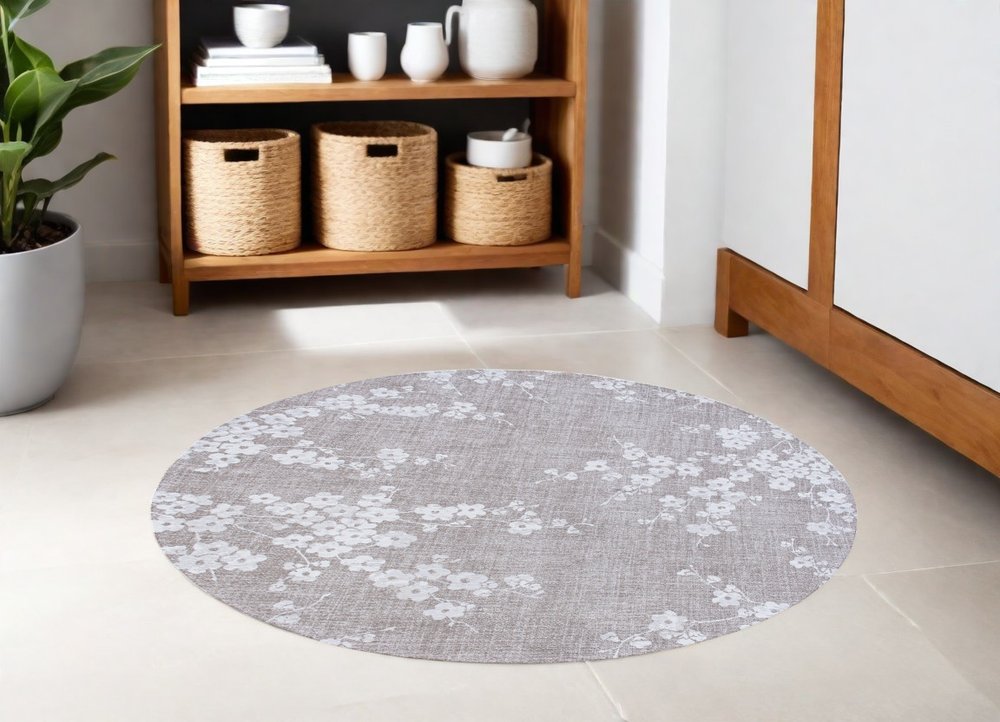5' Gray and White Round Oriental Non Skid Area Rug