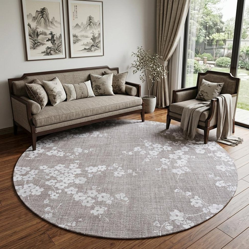 8' Gray and White Round Oriental Non Skid Area Rug