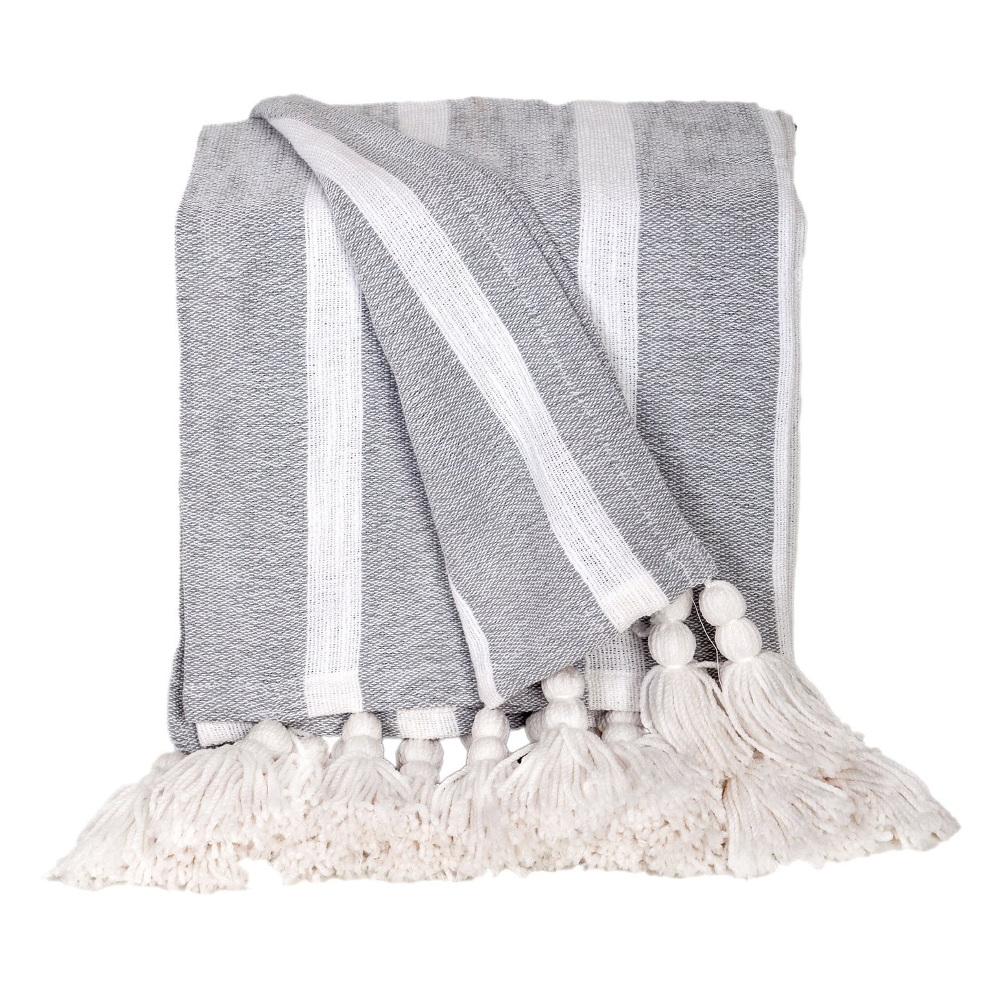 50" X 60" Gray and White Woven Cotton Striped Throw Blanket with Tassels