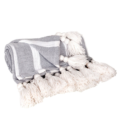 50" X 60" Gray and White Woven Cotton Striped Throw Blanket with Tassels