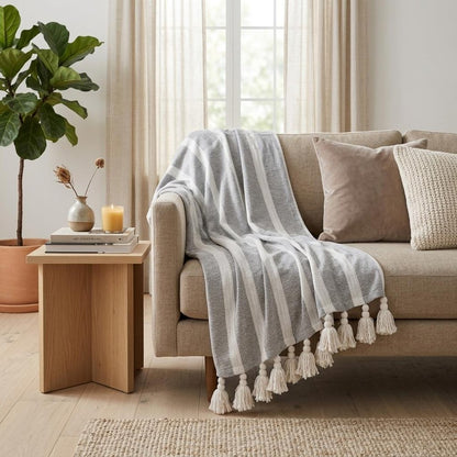 50" X 60" Gray and White Woven Cotton Striped Throw Blanket with Tassels
