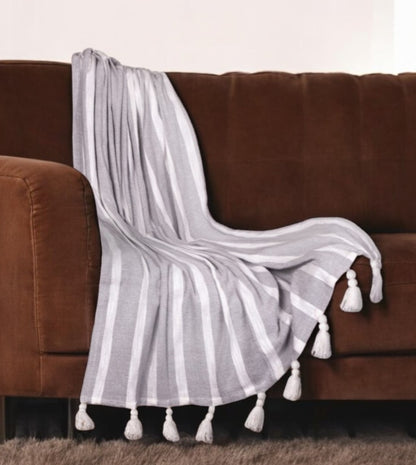 50" X 60" Gray and White Woven Cotton Striped Throw Blanket with Tassels