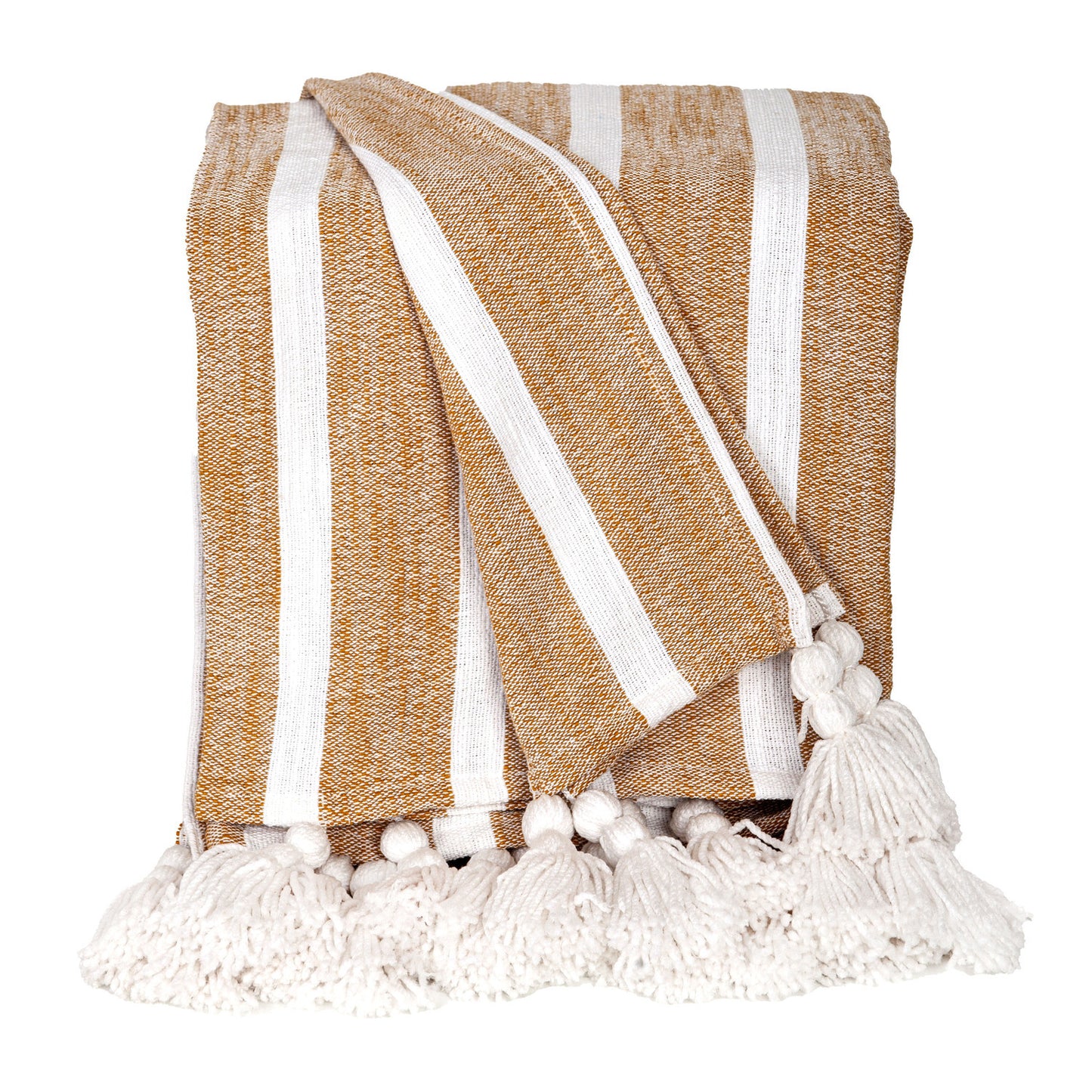 50" X 60" Gold and Ivory Woven Cotton Striped Throw Blanket with Tassels