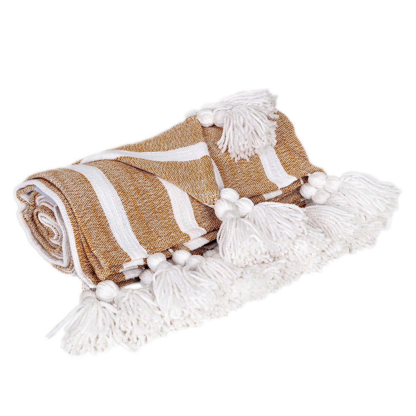 50" X 60" Gold and Ivory Woven Cotton Striped Throw Blanket with Tassels