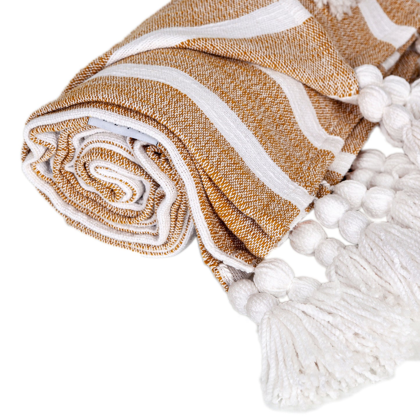 50" X 60" Gold and Ivory Woven Cotton Striped Throw Blanket with Tassels