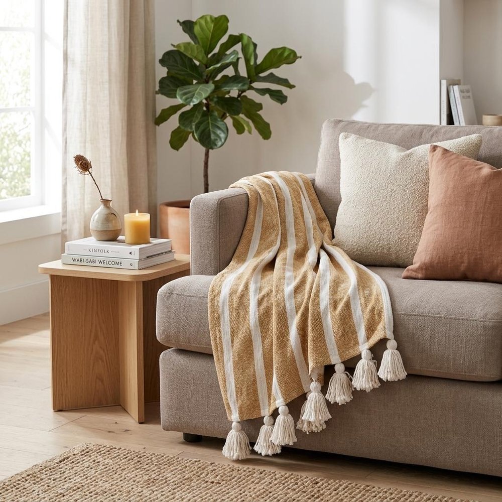 50" X 60" Gold and Ivory Woven Cotton Striped Throw Blanket with Tassels
