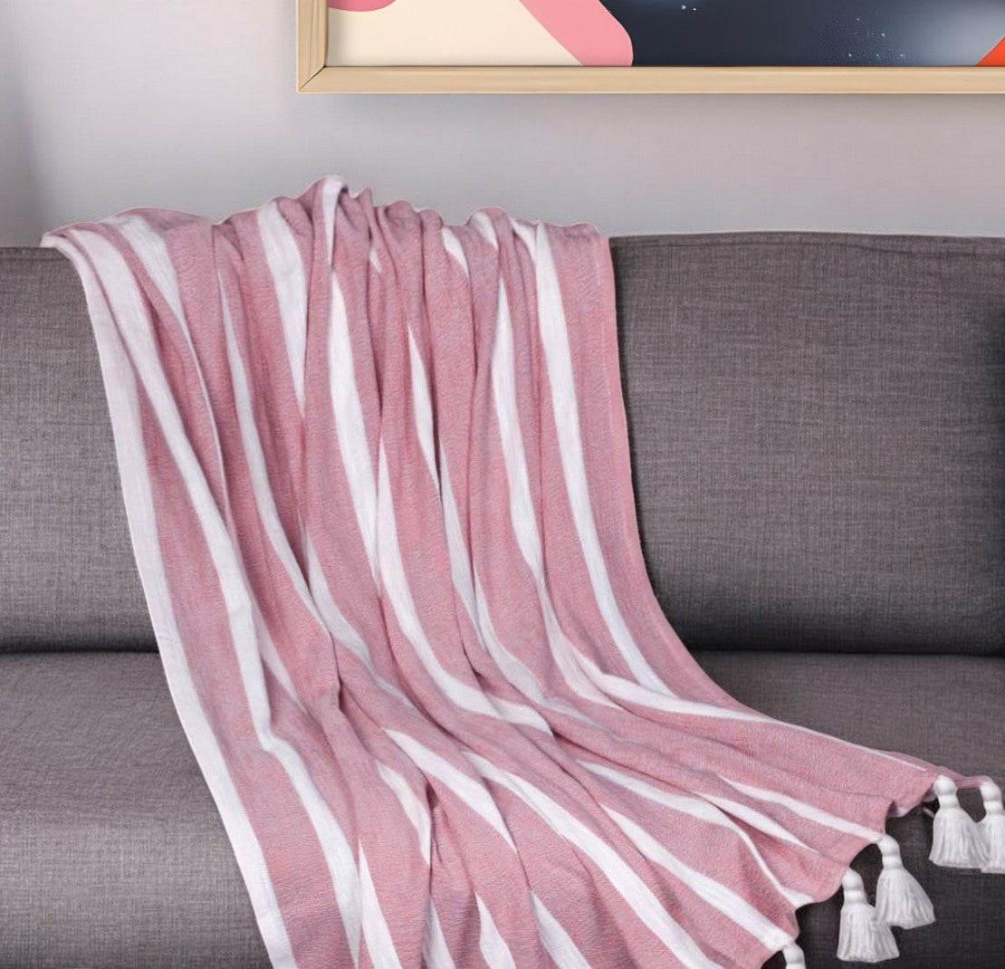 50" X 60" Pink and White Woven Cotton Striped Throw Blanket with Tassels